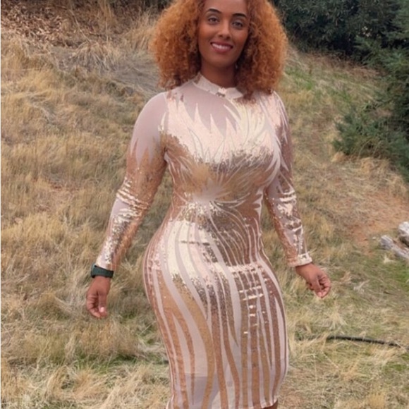 Apricot Sequin Bodycon Dress. It is so pretty and cute, wore once! - Picture 2 of 2